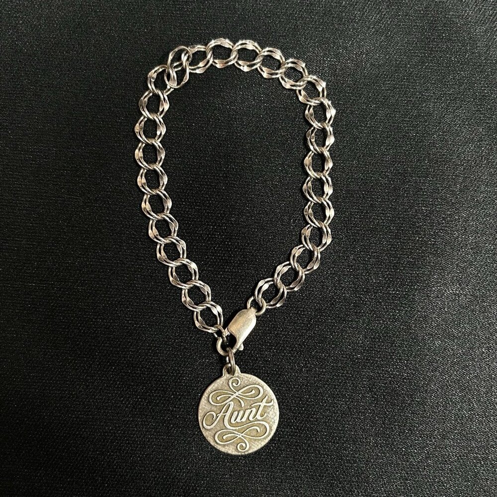 Sterling Silver Double Link Charm Bracelet 7" With .925 “Aunt” Brunch Charm
